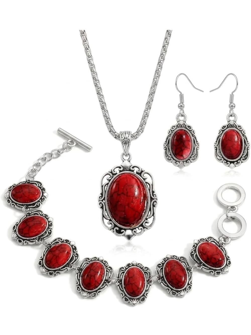 Anthropologie Red and Silver Oval Stone Necklace Set